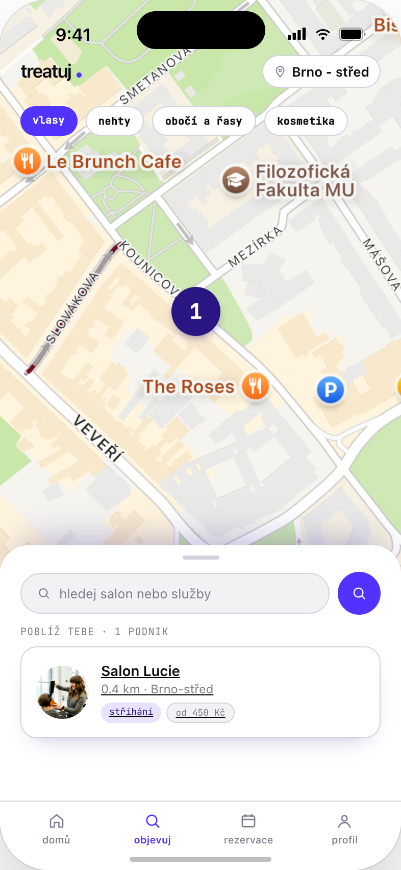 A client searches for a salon in the treatuj app: a map filtered by service, your salon's pin on the map, and a Salon Lucie card with prices from 450 CZK